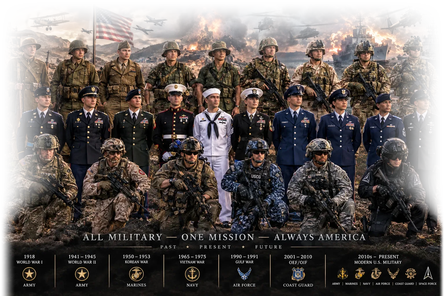 Service members from every U.S. branch and era, from World War I to today, standing together above the line 'All Military — One Mission — Always America'. Badges along the bottom mark the Army, Marines, Navy, Air Force, Coast Guard and Space Force.